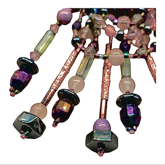 Hand beaded hematite-pink -opalescent artisan fiber wrapped chandelier earrings - Picture 7 of 11